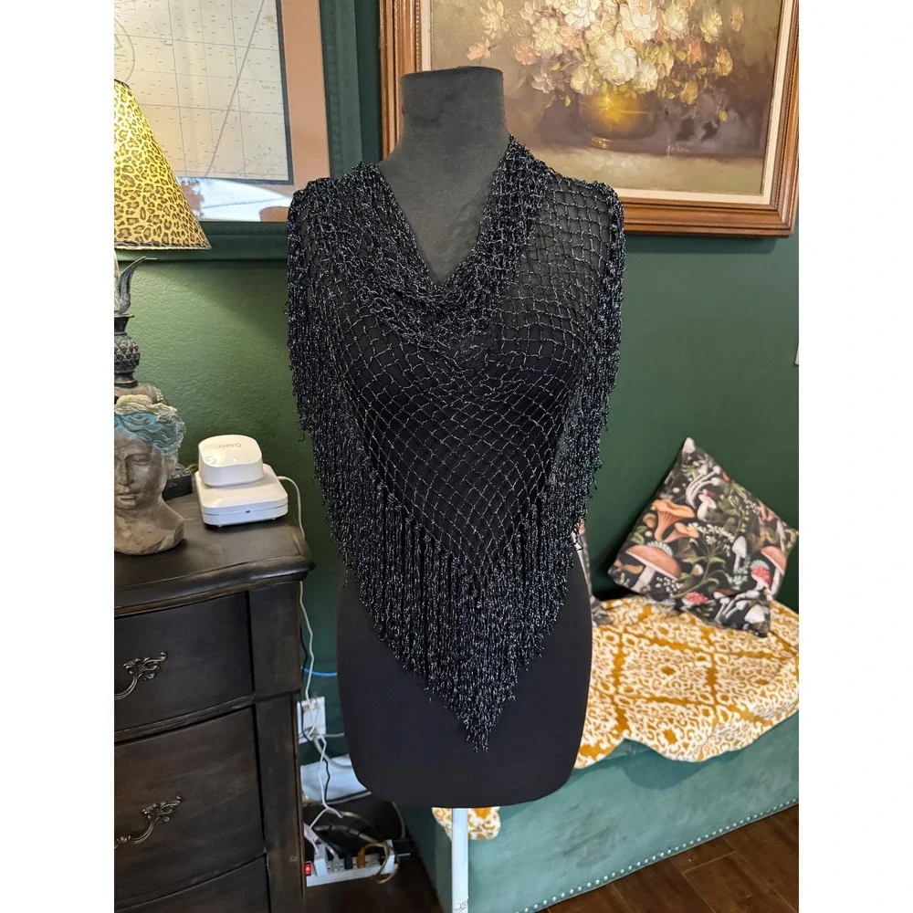 Vintage‎ Metallic Black Crochet Net Fringe Triangle Shawl Wrap Scarf Shimmer
